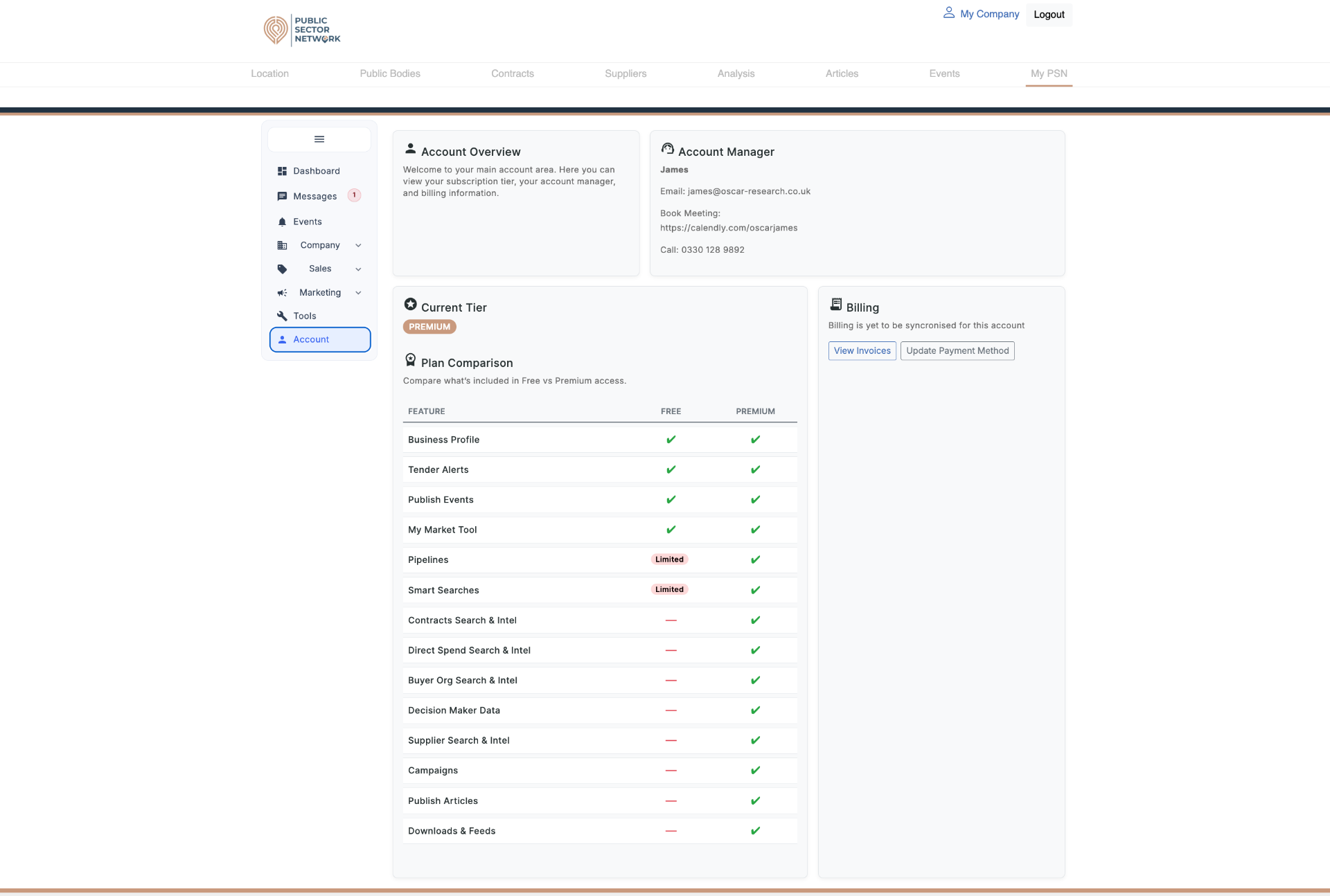 MyPSN Account page with Overview, Account Manager, Current Tier and Billing panels