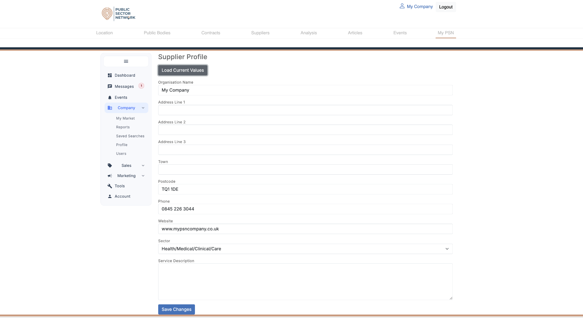 Supplier Profile form with organisation details, sector and service description