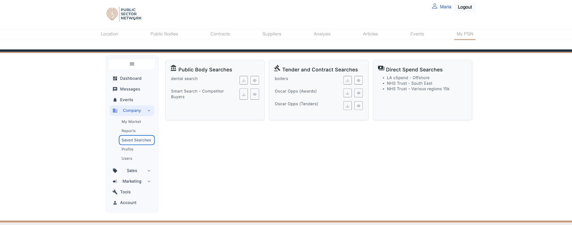 Saved Searches with three columns: Public Body, Tender & Contract, Direct Spend