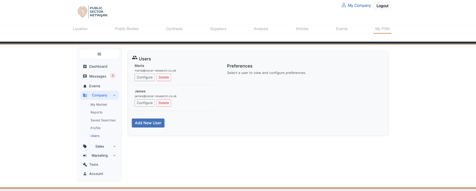 Users sub-page listing teammates with Configure and Delete actions
