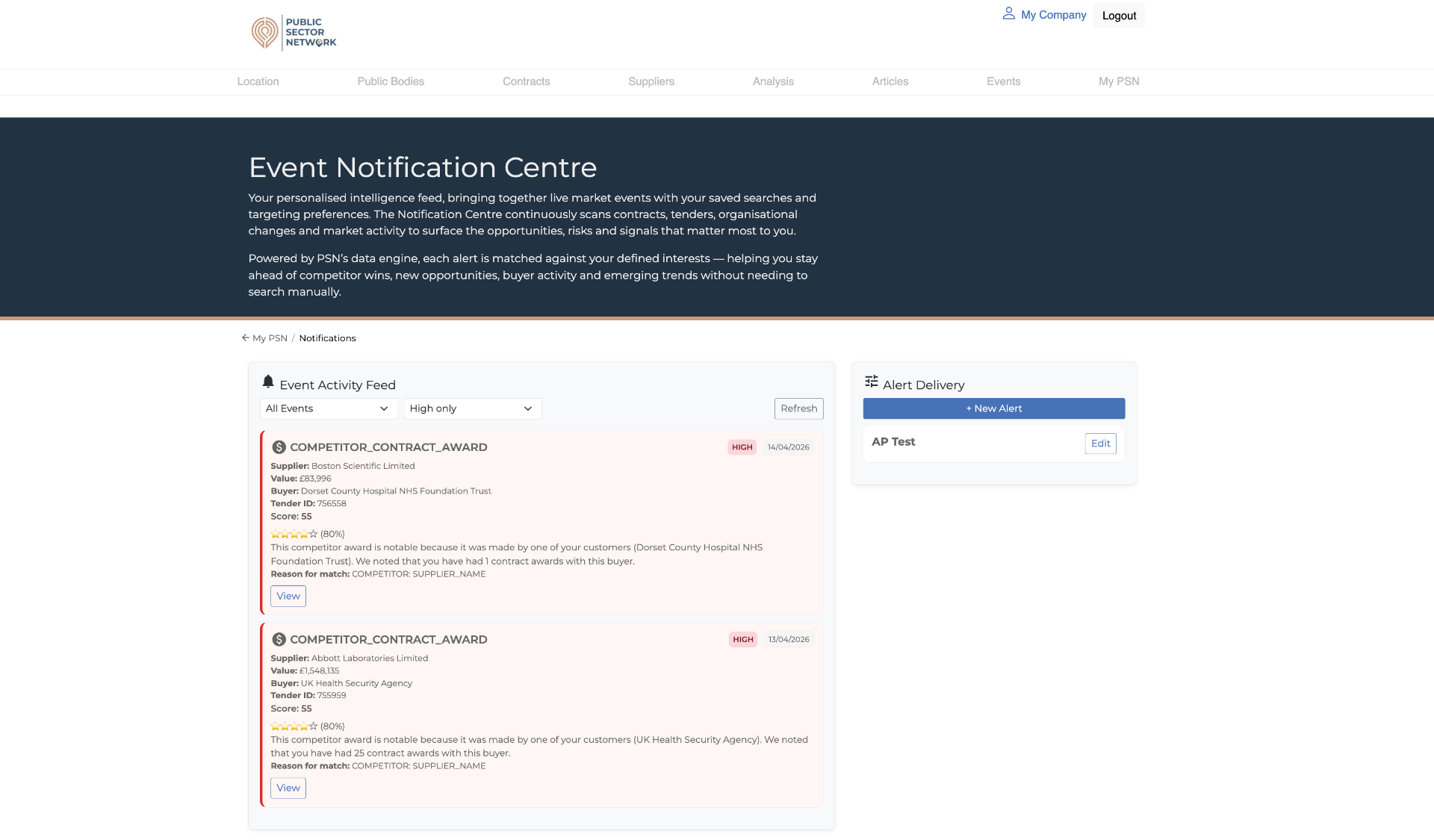 Event Activity Feed showing competitor contract awards