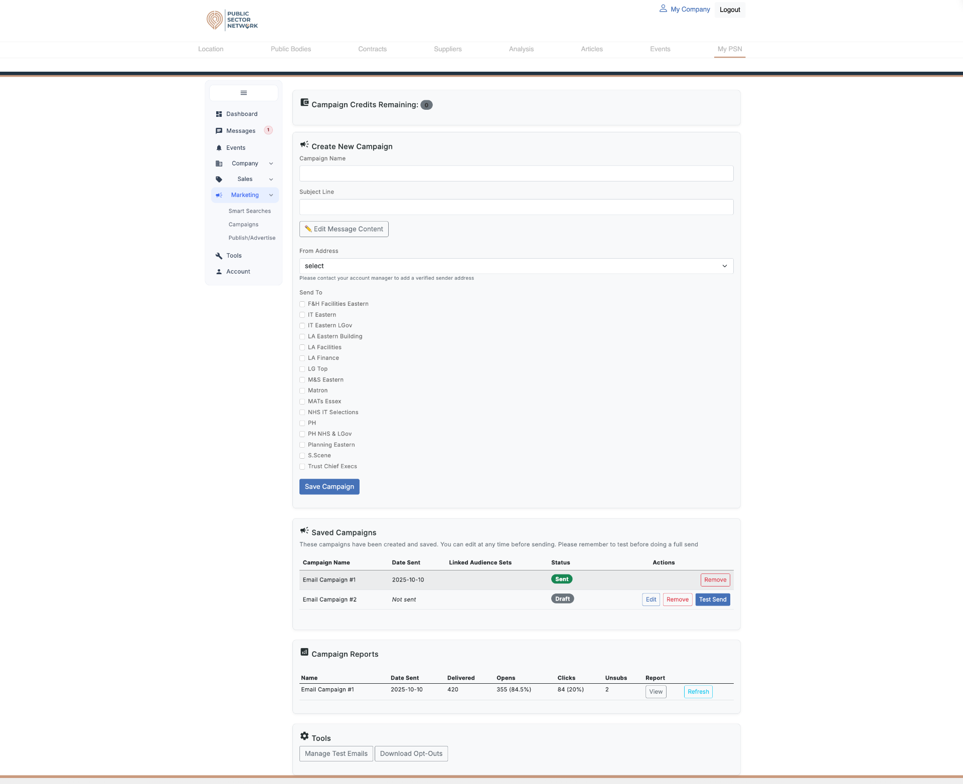 Marketing Campaigns page with composer, saved campaigns and reports