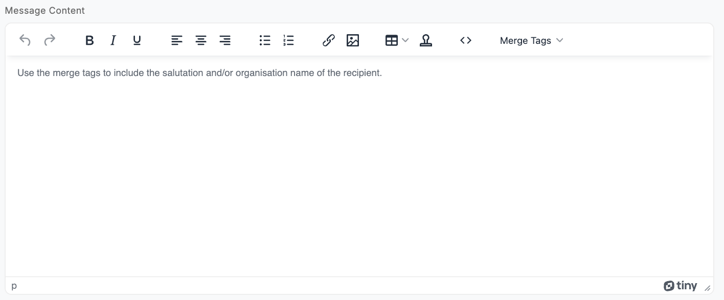 Message Content editor toolbar showing formatting options, source code button and Merge Tags dropdown