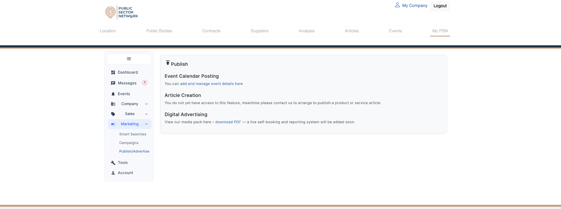 Publish/Advertise sub-menu showing Event Calendar, Article Creation and Digital Advertising
