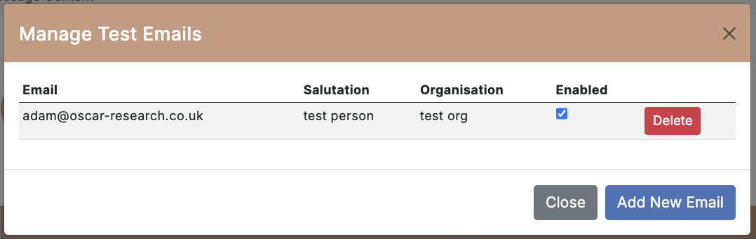 Manage Test Emails modal