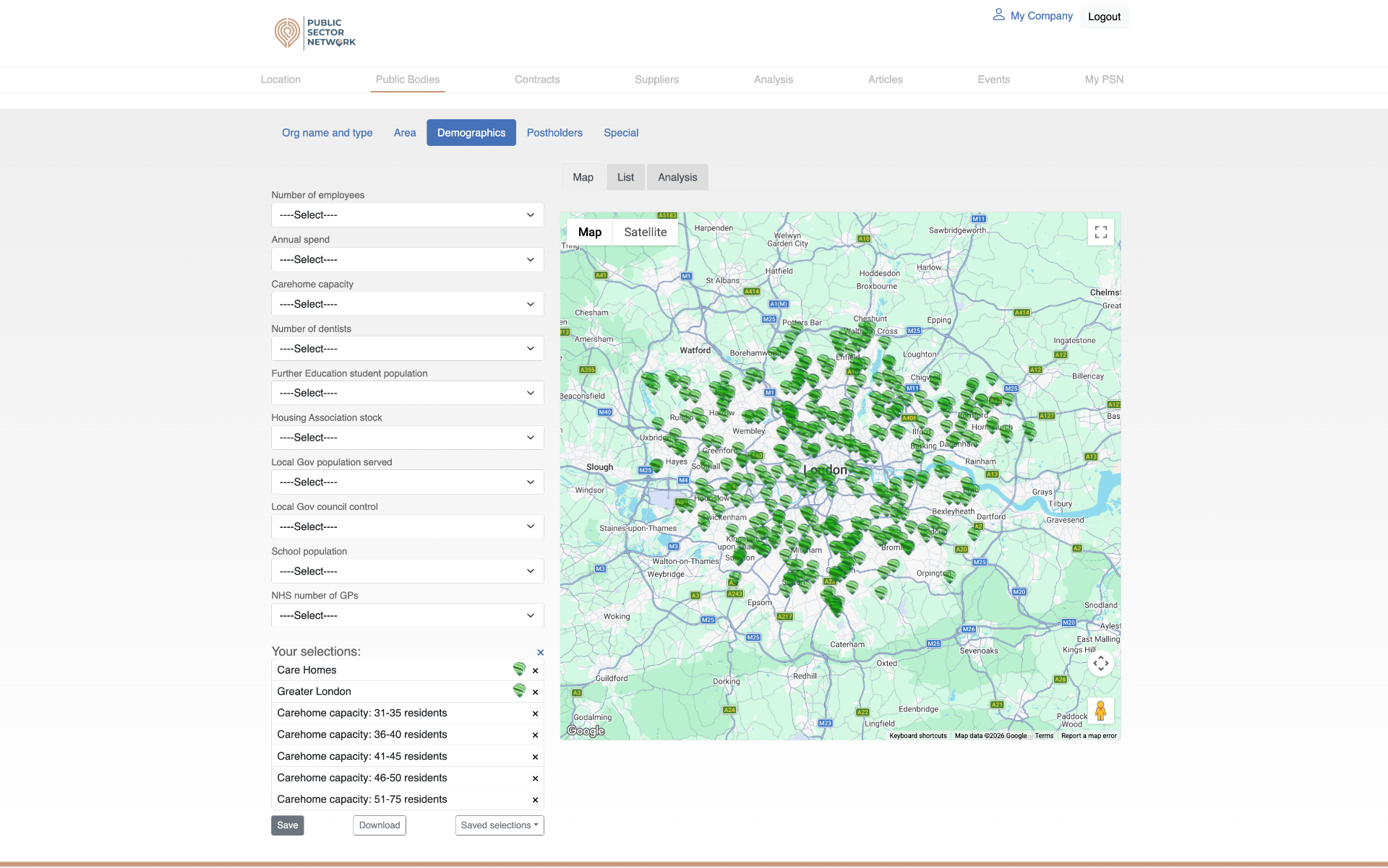 Public Bodies tab with sector, area, demographics and postholder filters
