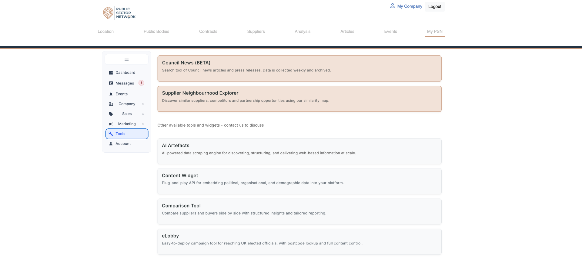 MyPSN Tools page showing included and on-request tools